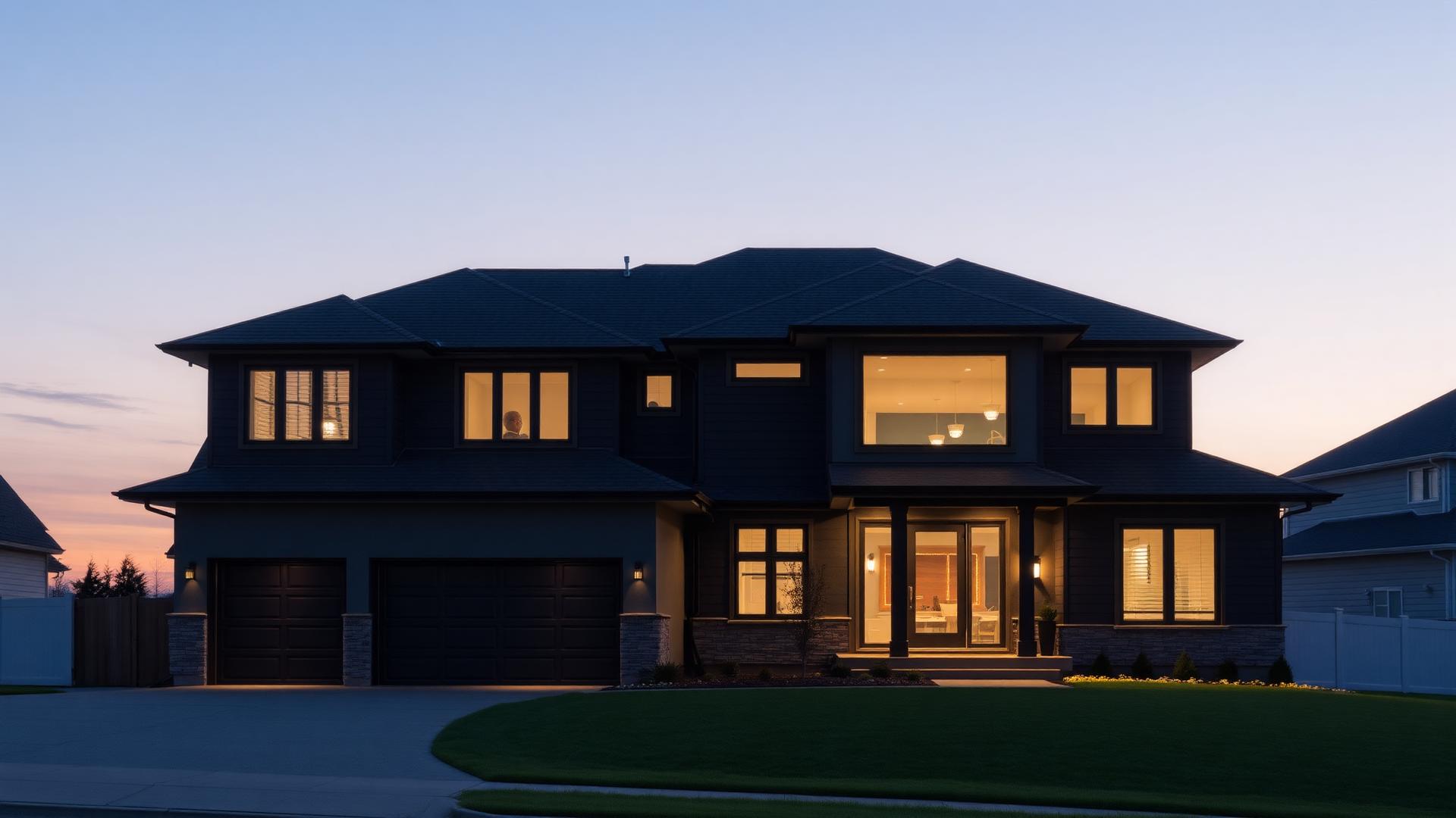 Modern Canadian home exterior at twilight beneath an expansive open sky