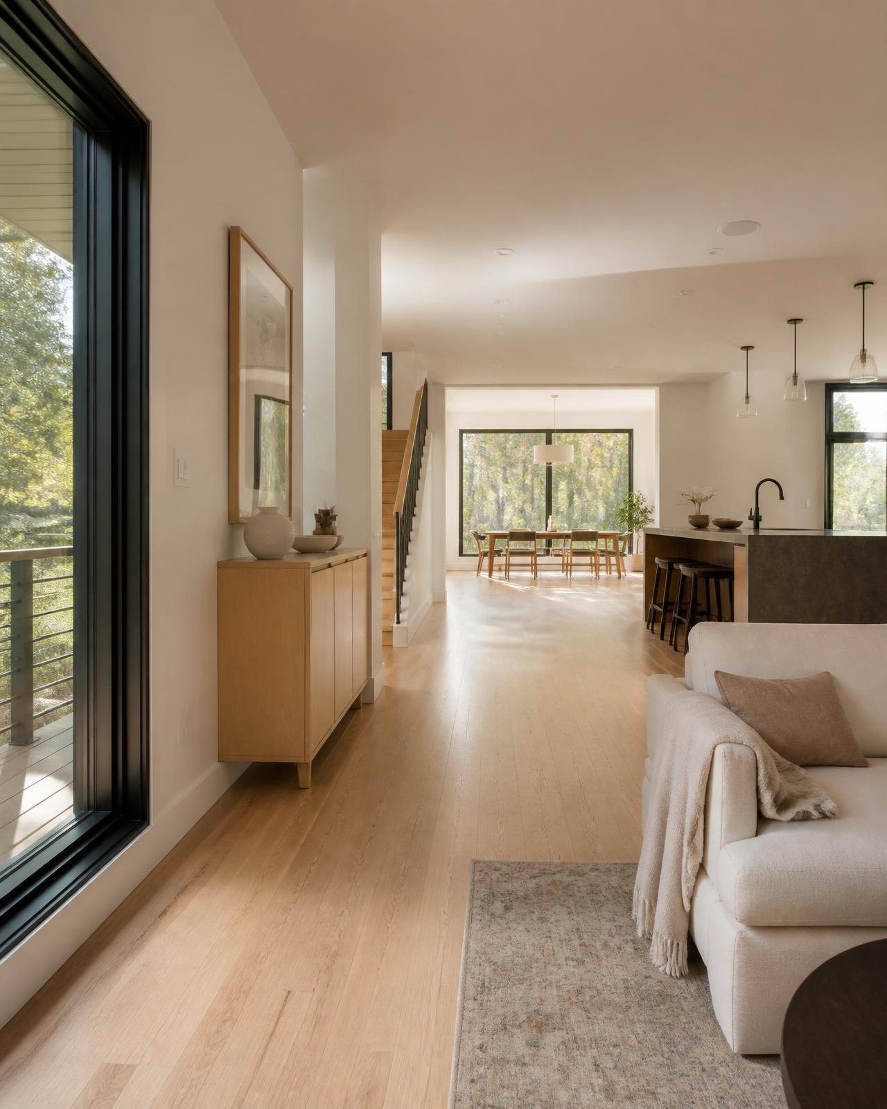 Warm open-plan interior of a Canadian home with white oak floors, black window frames, and natural light